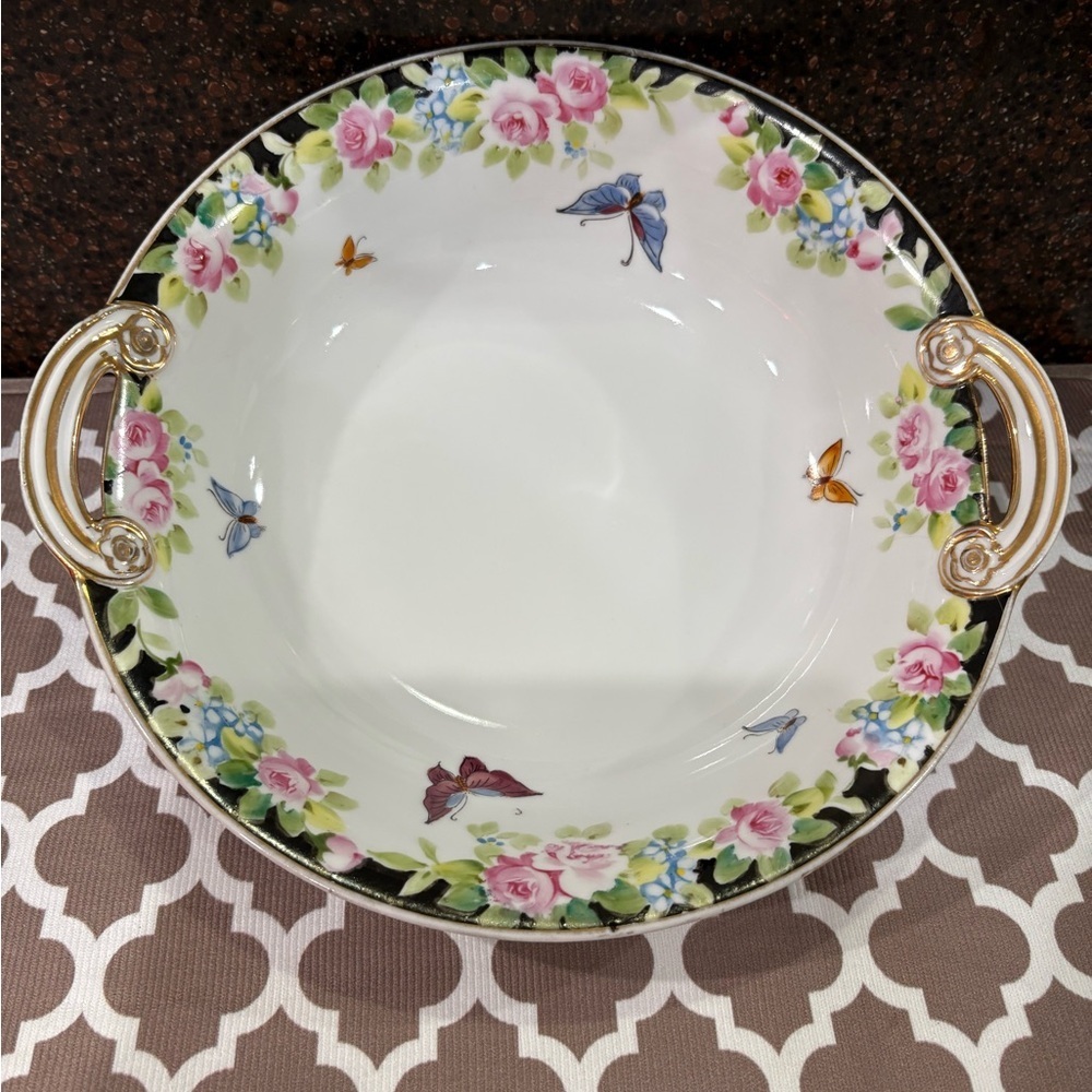 Nippon Hand Painted Butterflies with Pink Floral Bowl-Gold Trim-10.25”Diameter